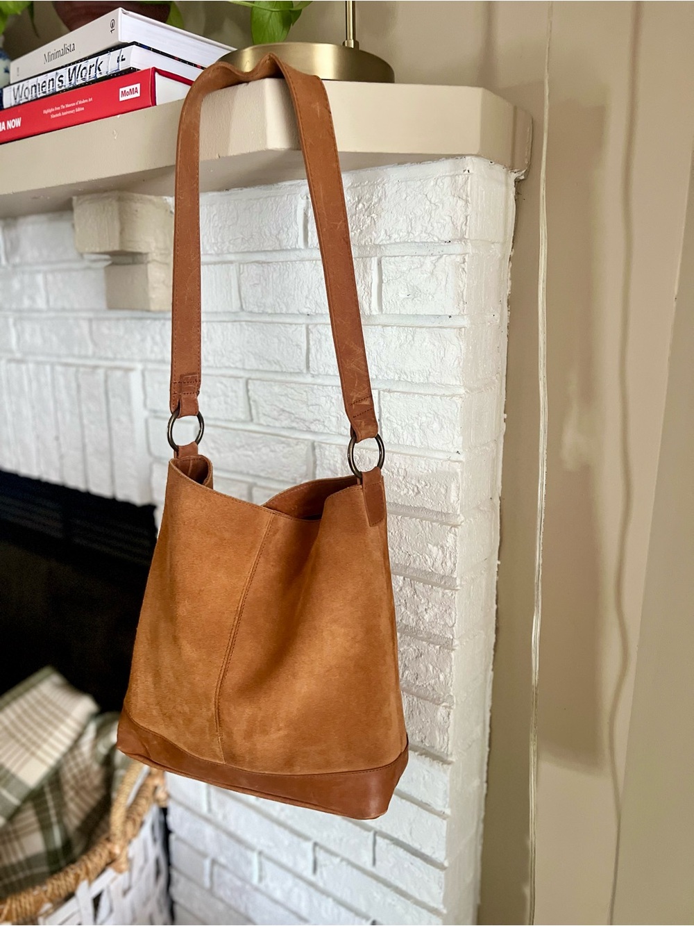 Able Cognac Suede Shoulder Tote Bag
